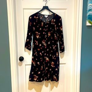 JJill button front, smocked neck, floral patterned dress. Perfect for fall.